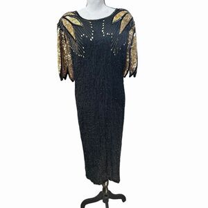 VTG 80s 90s Silk Beaded Sequin Dress Art Deco Gatsby 26W Kazar Style